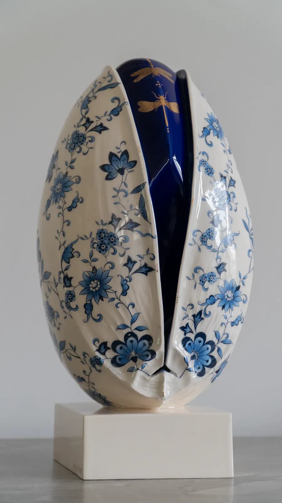 Porcelain ceramic piece shaped like a split pistachio shell, blue-and-white outside with gilded dragonflies inside